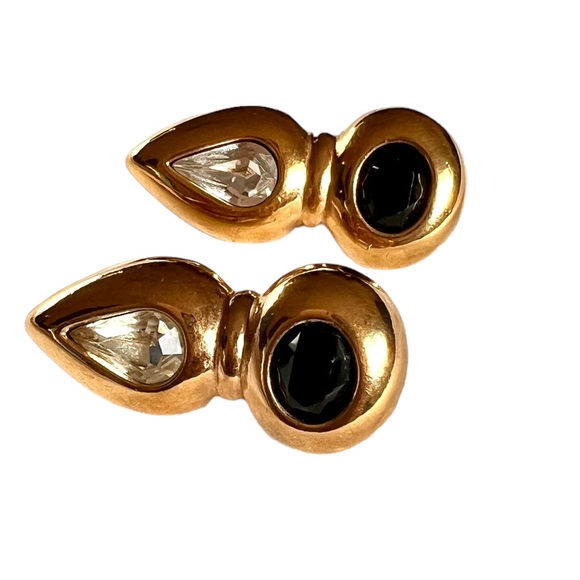 Vintage Swarovski Crystal SAL Gold Plated Earrings Black & Clear Crystals EUC - Picture 8 of 11